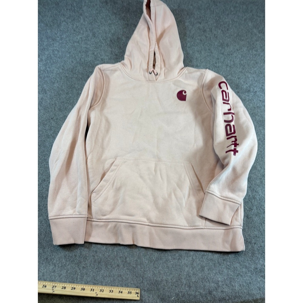 Carhartt Womens XL 16-18 Pink Relaxed Fit Pullover Hoodie Logo Sleeve Sweatshirt